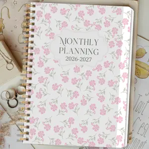 1pc 2026 Jan-2027 Dec Weekly And Monthly Academic Year Planner Calendar Notebook, 5.7" X 8", A5 Monthly Planner Notebook with Pink Floral Cover, Personal Organizer, Office & School Supplies, Spiral Bound Planner