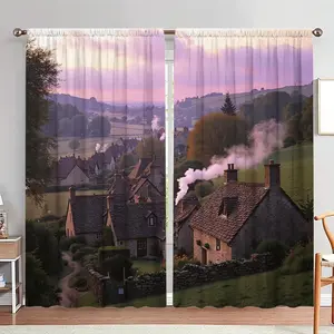 Garden Landscape Pattern Door Curtain, 1 Set Smoke Village Print Door Curtain, Home Decor for Living Room Bedroom, Room Divider Curtain
