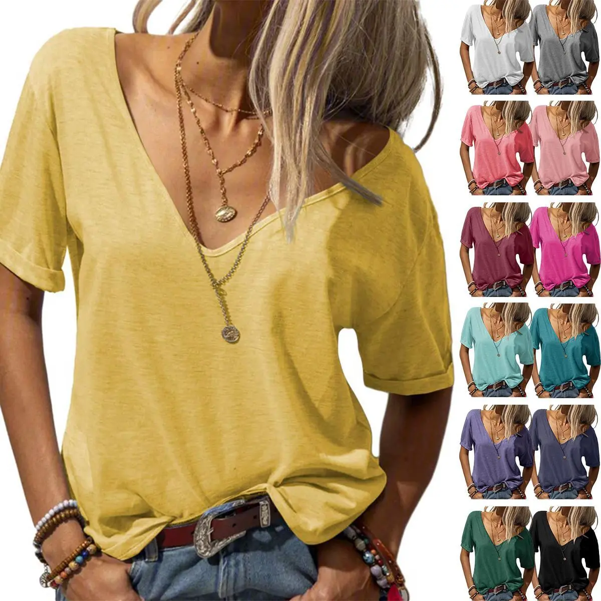 PiePieBuy Women's Deep V-Neck Short-Sleeve Basic Tee - Breathable Lightweight Fabric, Loose-Fit Casual Style Tops for Women, Minimalist Streetwear Necklace-Ready Shirt
