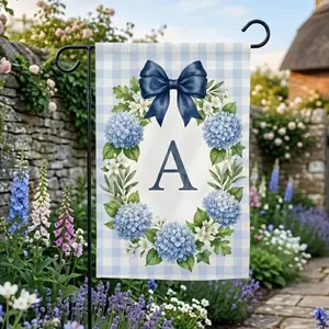 Custom Blue Hydrangea Wreath Initial Garden Flag | Outdoor Decor | Gingham Yard Sign | Spring Floral Welcome Flag
