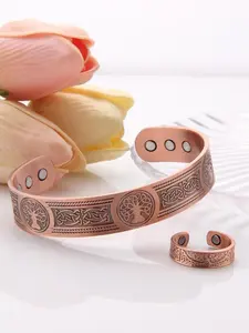 Vintage Designer 2024 Copper Magnetic Bracelet & Ring, Adjustable Tree Pattern Summer Vintage Bangle Ring Set for Gift, Male Jewelry Accessories for Men Women, Fall Outfits, Fall Freshness Gifts for Girlfriend