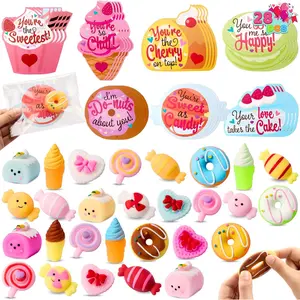 28 Packs Valentine’s Day Gift Cards with Candy Mochi Squishy Toys, Stress Relief Fidget, Cute Squeeze Toys for Kids Valentine's Party Favors, Classroom Gift Exchange and School Reward