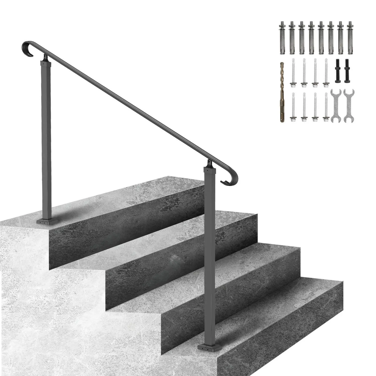 VEVOR Metal Outdoor Step Handrail Set, Fit 3-5 Steps, Wrought Iron Flexible Front Porch Rail, Black Transitional Design for Concrete/Wooden Stairs, Max 25.5in, Includes 2 Open-Ended Spanners, Ideal for Pregnant Individuals & Hotels, Includes Spanner