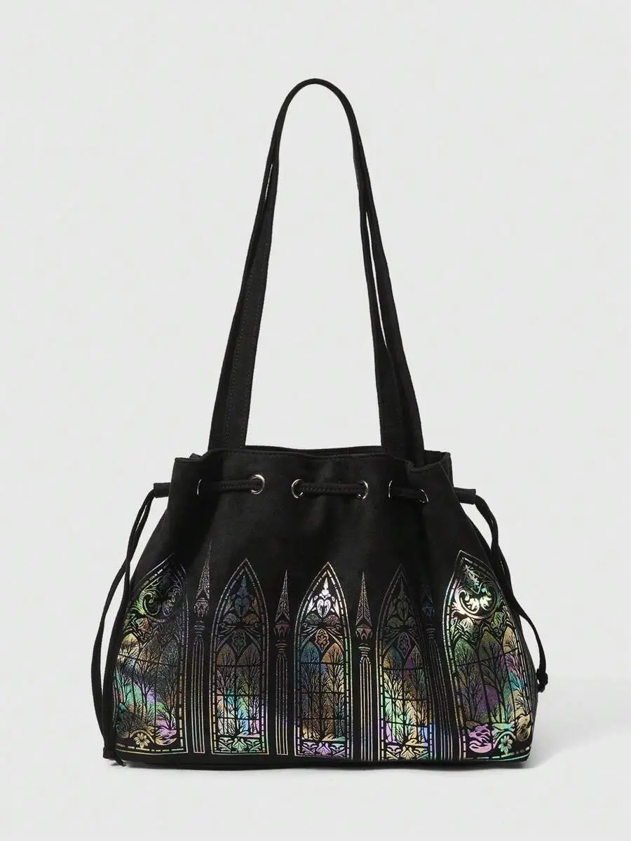 LUNA LAYER Fairycore Gothic Stained Glass Window Tote Bag Large Capacity Shoulder Bag