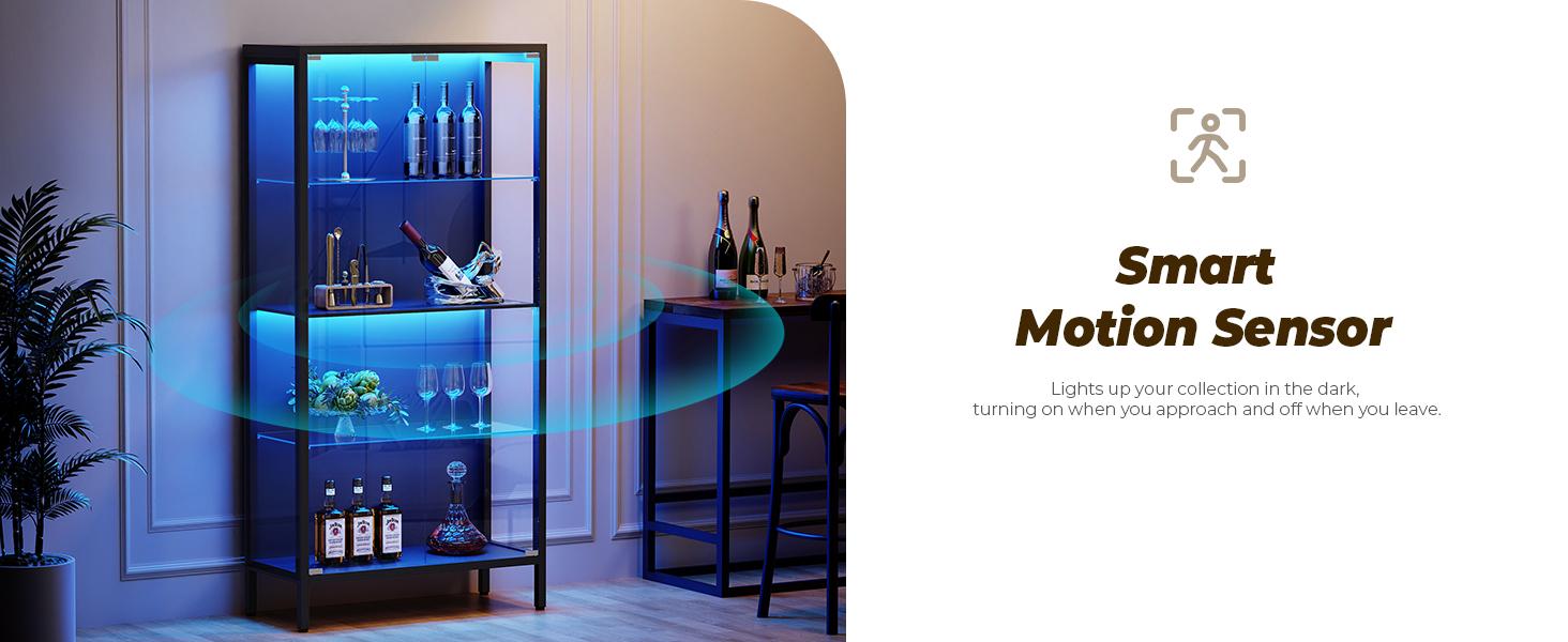 BROTTAR Metal Display Cabinet with Glass Doors, 4-Tier Curio Cabinet with 3 Color Lights for Collectibles, Glass Display Case with Human Body Sensor, Storage Cabinets with Adjustable Glass Shelves, Black