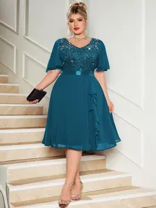 MISSMAY P24368A Plus V-Neck Sequin Floral Lace Chiffon Butterfly Sleeve Contrast Ruffle Hem Evening Party Swing Dress, Elegant Prom Semi Formal Wedding Guest Dress, For Birthday, Graduation, Dinner Date