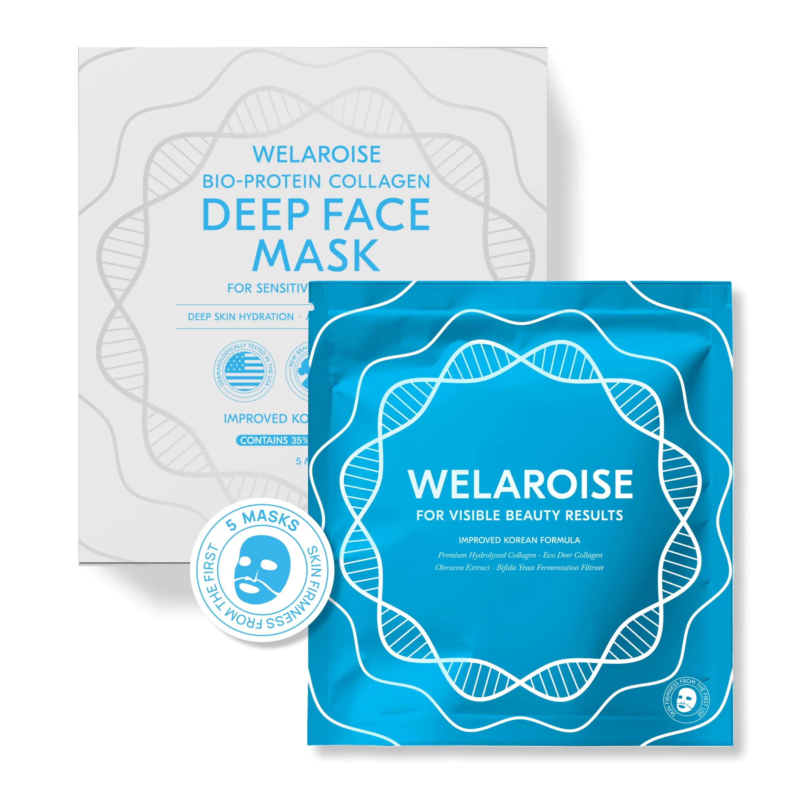 Welaroise Bio Protein Collagen Hydrogel Deep Face Mask - 35% More Collagen, Intense Hydration & Moisturization, Firming, Anti-Aging, Skin Renewal, Korean Skincare (Pack of 5)