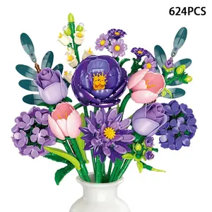 642PCS Purple Floral Bouquet Building Set, Gift for Girls, Assembly Building Block Toy Decoration, Roses, Tulips, Camellias, Ferns and Dahlias, Artificial Plant Collection, Living Room Home Decor (Vase Not Included).