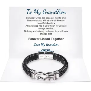 To My Son/Grandson Bracelet, Forever Linked Together Braided Leather Bracelet, Stainless Steel Magnetic Closure Leather Knot Cuff Wristband, Back to School Gifts Christmas Gifts Birthday Gifts