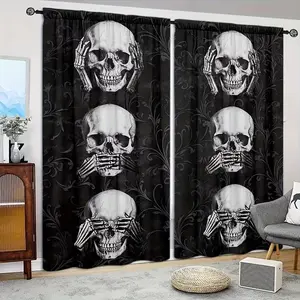 2 Piece Skull Print Curtains, Home Decor Rod Pocket Curtains, Suitable for Bedroom Office Kitchen Living Room Study, Window Curtain, Home Decoration Curtain