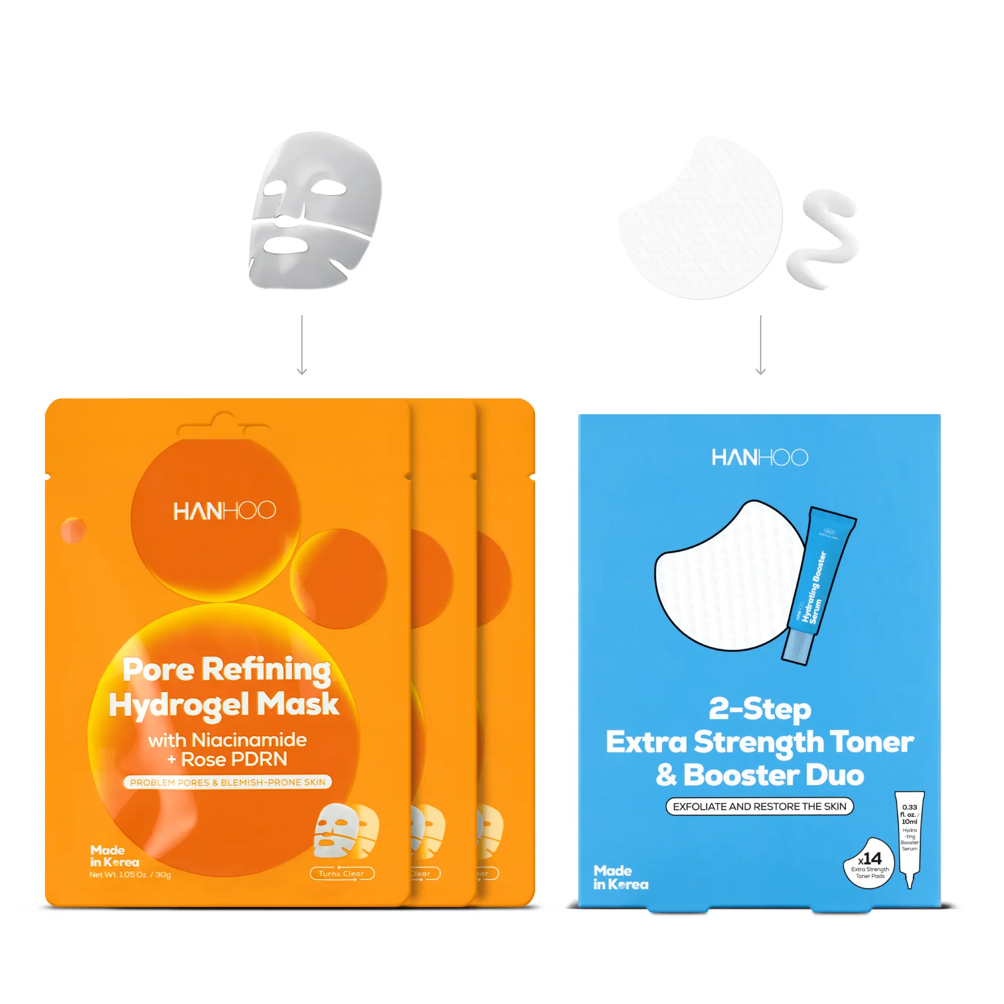 Hanhoo Pore Refining Hydrogel Mask & 2-Step Extra Strength Toner & Booster Duo, Targets Breakouts, Texture, and Dullness, 5 Masks, 1 Duo with 14 Toner Pads and Serum, Korean Skincare