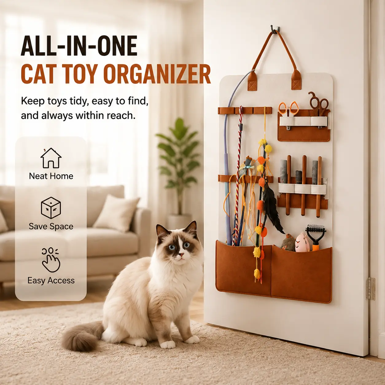 Wall-Mounted Cat Toy Organizer - Large-Capacity Pet Storage Bag with Multiple Pockets, Space-Saving Holder for Cat Wands, Accessories sohochic