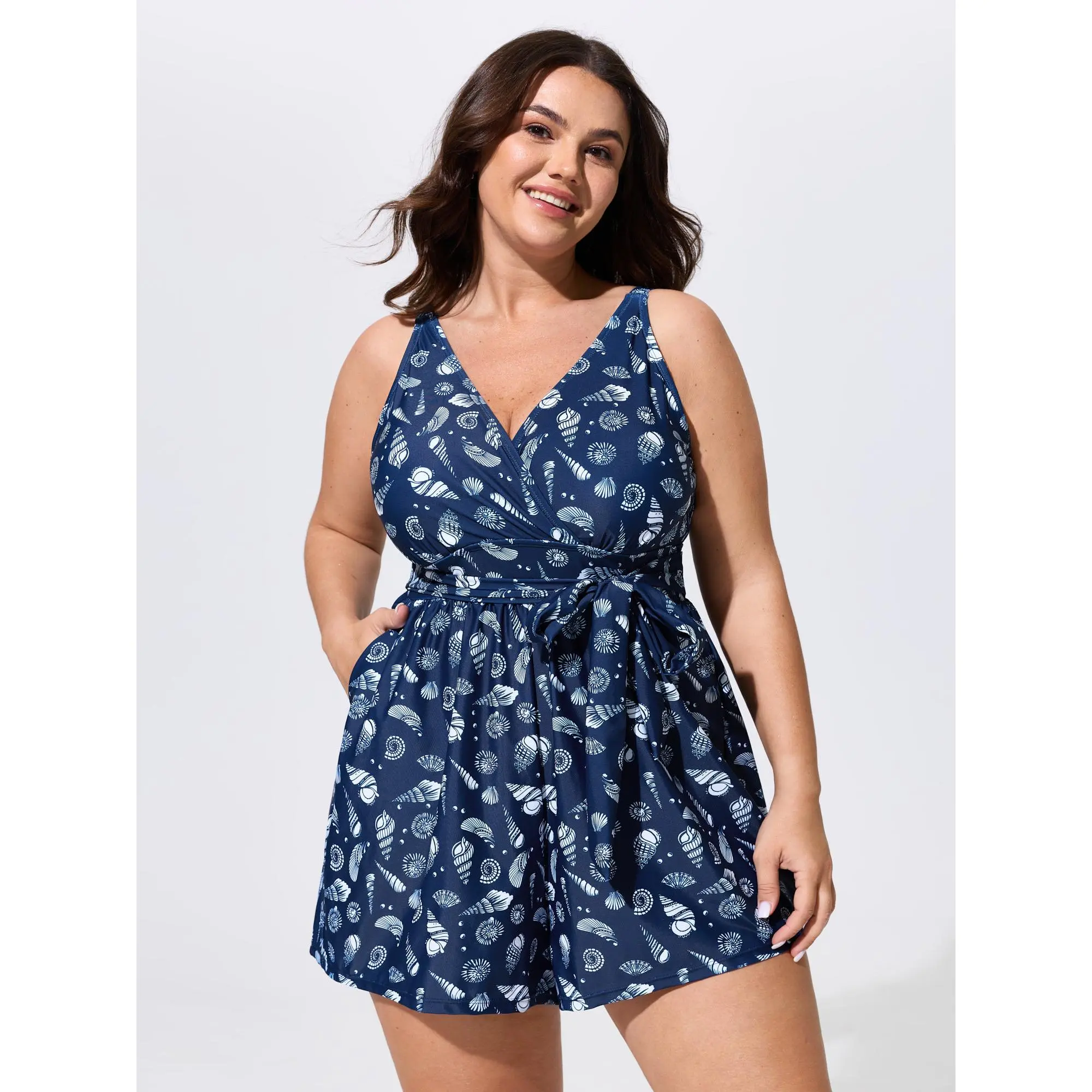 BloomChic Plus Size Marine Print Swim Romper, Hip-Flattering Tunic Swimsuit with Adjustable Straps, Belt & Side Pocket, Casual Swimsuit, Polyester, Rompers For Women, Swimsuit Dress