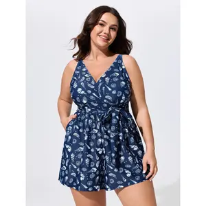 BLOOMCHIC Plus Size Floral Print Pockets Swim Romper,Spotlight,Summer wins,Deals for you days