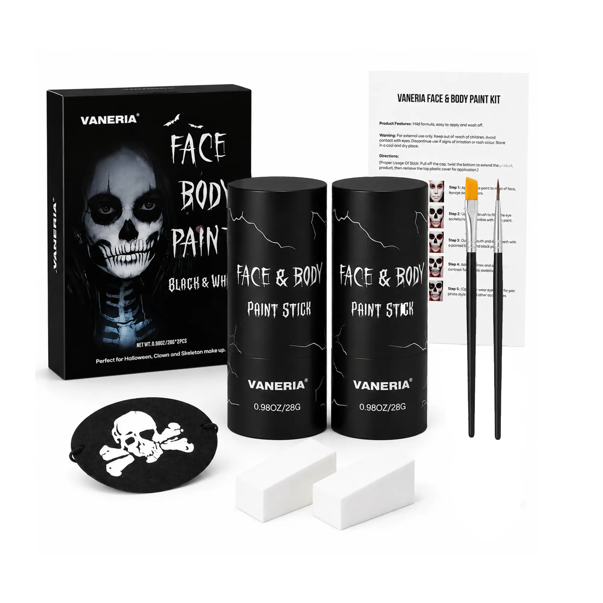 Face and Body Paint Stick Set, Black & White Face Paint Sticks, Halloween Makeup Kit, Gothic Clown Makeup, SFX Costume Makeup