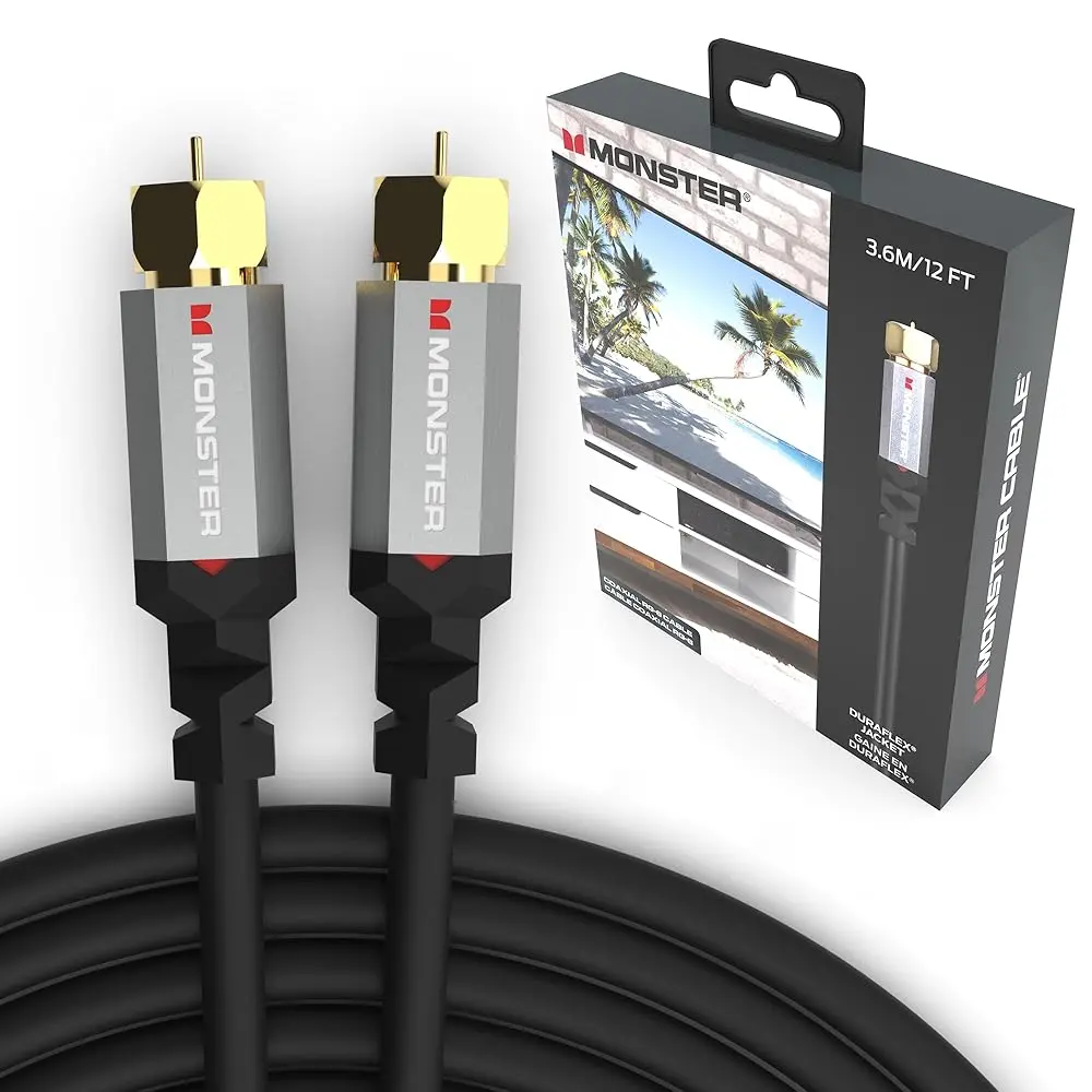 Monster Essentials RG-6 Coax Cable for High-Speed Internet, 12ft Gold-Plated F-Pin with Duraflex Jacket