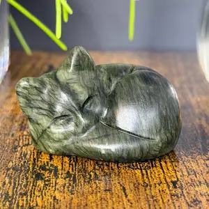 Xiuyan Jade Sleeping Cat Crystal Carving