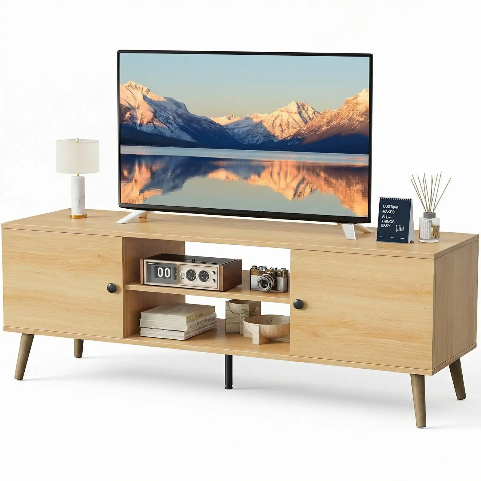 Sweetcrispy Modern Mid-Century Entertainment TV Stand for 55-60 Inch TVs, Media Console Table with 2 Soft-Hinge Cabinet Storage, Indoor Furniture for Living Room, Office, Tv Console