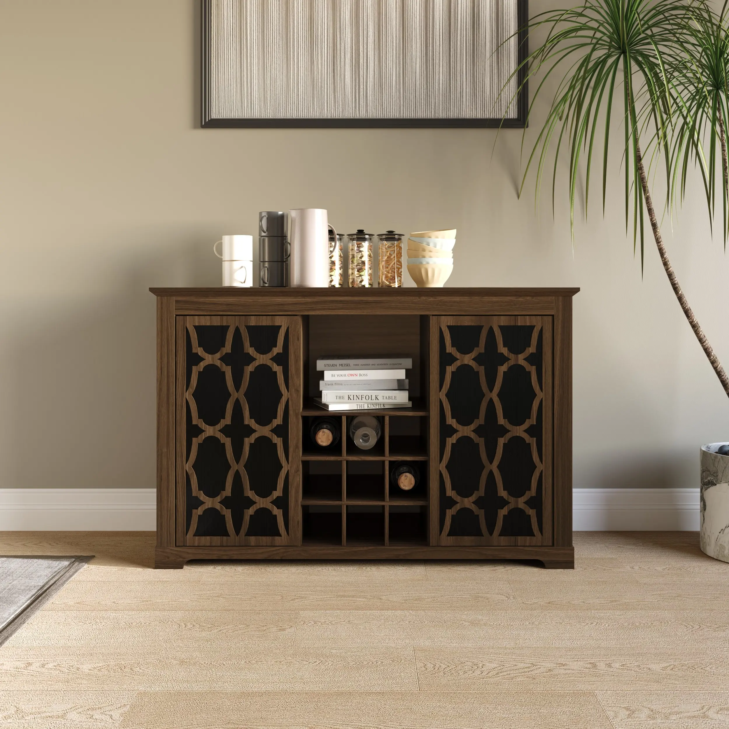 Favorer Chanute Classic Particle Board Wood Sideboard Cabinet - Single Unit, 2 Decorative Doors, Wine Storage Cubby, Open Shelves, 45.3"l x 15.8"w x 30.7"h, Easy Assembly, Ample Storage Space