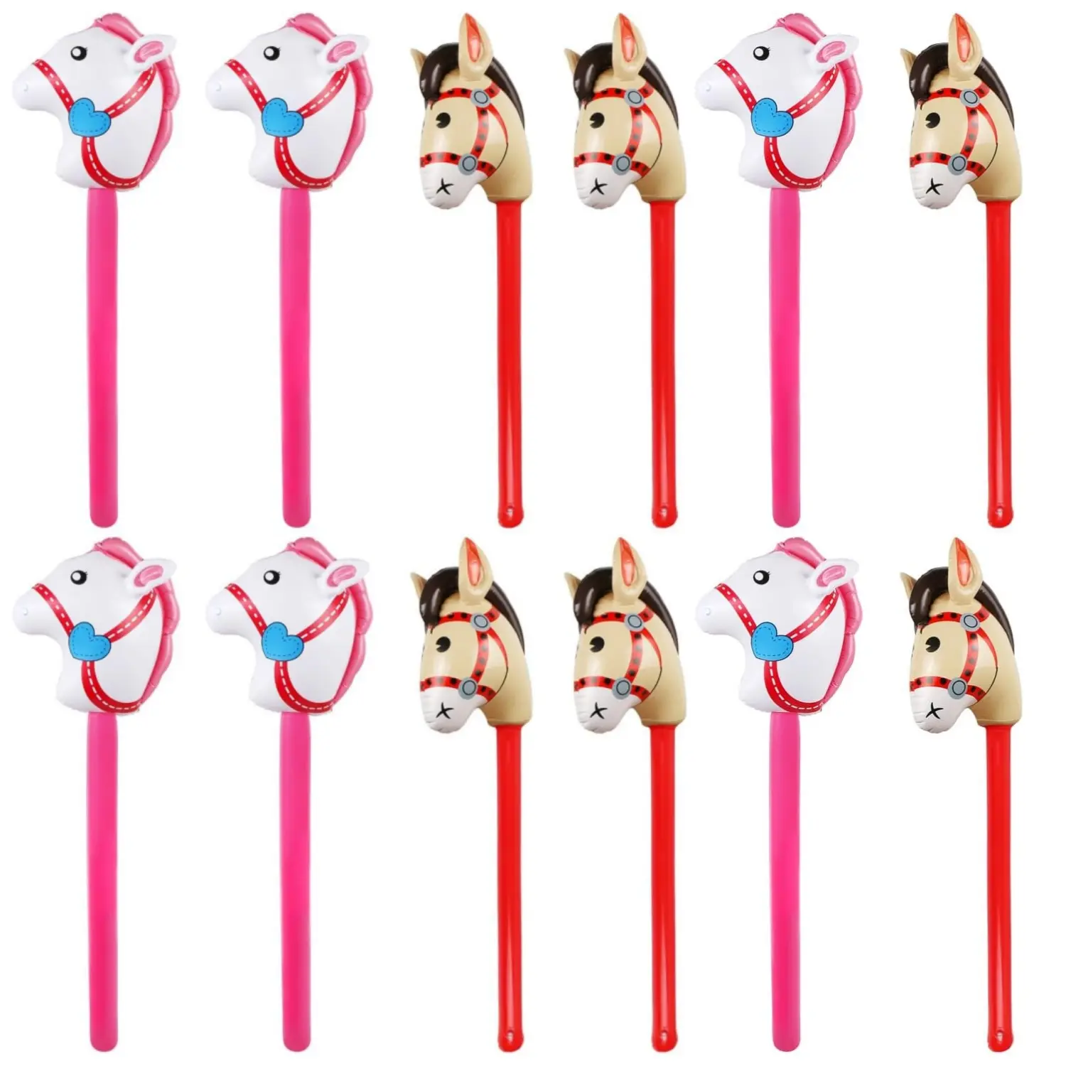 12Pcs (37.4in) Cowboy-Themed Quality PVC Inflatable Stick Horses Pack, PVC Horsehead Stick Balloons for Birthday Party Decor, Home Improvement-Building Supplies Wallpaper-Wall Trim Accessory (Pink, Red) Outdoor Events Game Supplies & Accessories