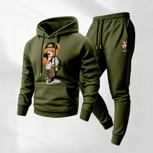 Men's Bear Print Hoodie Set, 2 Piece Tracksuit with Drawstring Sweatpants, Casual Athletic Long Sleeve Hooded Jacket and Joggers, Fall Winter Sportswear Outfit for Daily Wear, Indoor Outdoor Gym Streetwear Athleisure Clothing