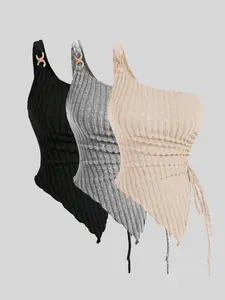 Women's Solid Color Ribbed Top, Casual Fashion Sleeveless Top for Daily Wear, Ladies Clothes for All Seasons