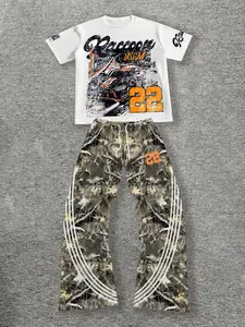 Men's 2 Piece Racing Graphic Set, Camouflage Streetwear Outfit, Retro Vintage Racer Print T-Shirt & Camo Wide Leg Pants