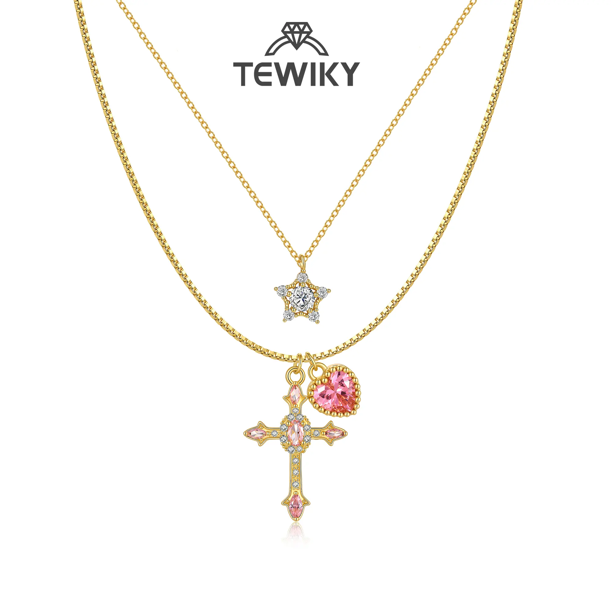 Tewiky Gold Layered Necklace for Women, CZ Star Beaded Necklace & Pink Cross Heart Pendant Necklace, Dainty Gold Necklace, Waterproof Jewelry, Trendy Y2K Jewelry, Cute Layering Necklace, Gift for Women