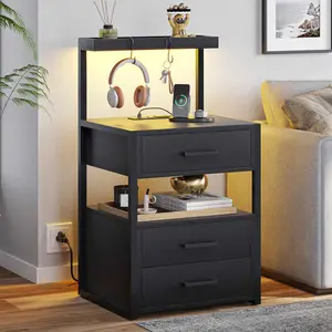 LED Nightstand with 3 Drawers Charging Station Black LED Nightstand with 3 Drawers Charging Station Black