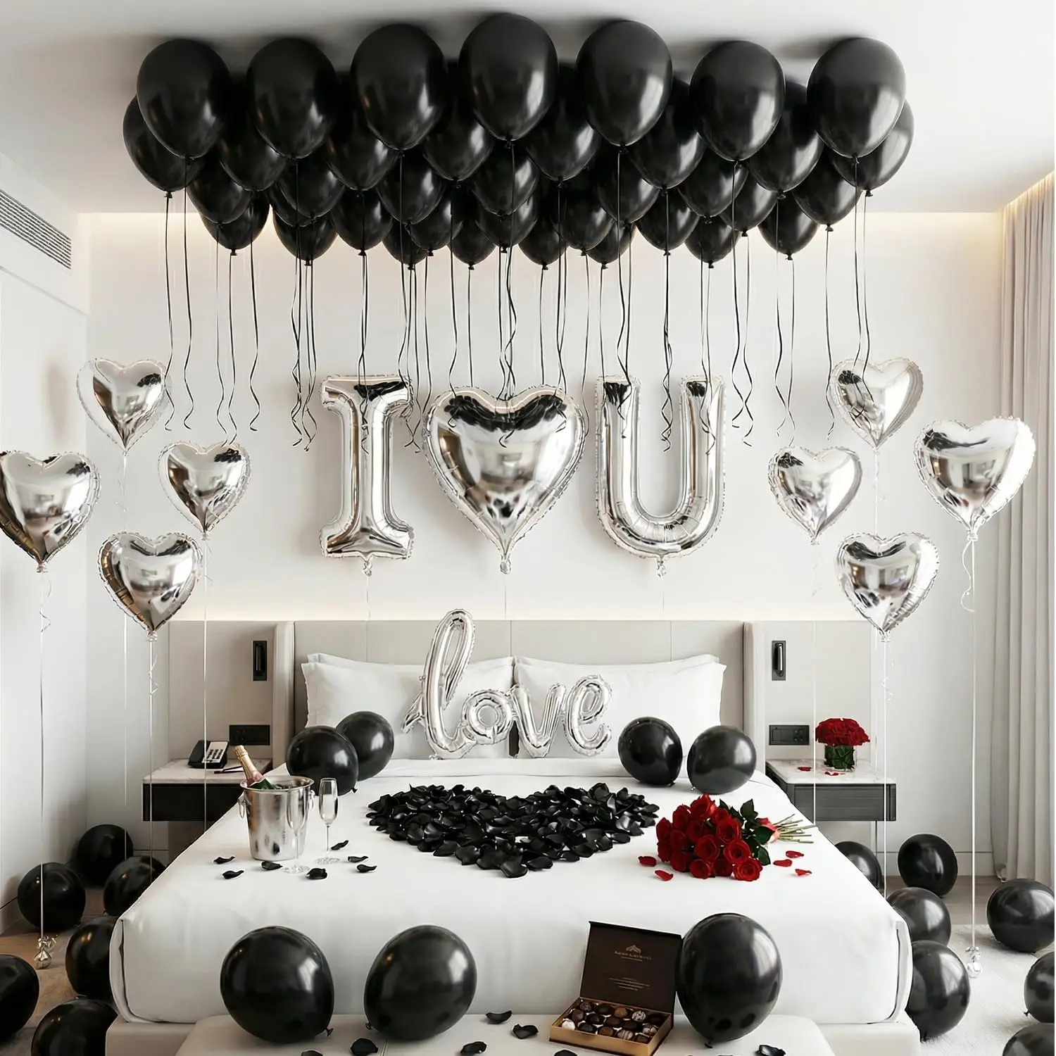 Black Silver Theme Romantic Night Decoration Kit - Set with "I LOVE YOU" Balloons, Silver Hearts Balloons, Black Rose Petals for Anniversary, Valentine Day Surprises, Boyfriend