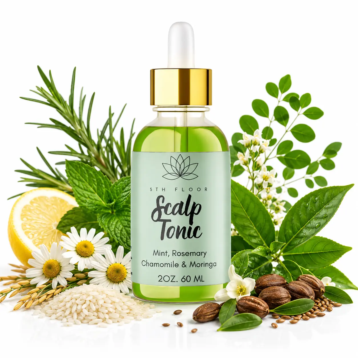 5th Floor Body Care Scalp Tonic for Hair Care – Herbal Scalp Treatment with Mint, Rosemary, Chamomile & Moringa – Refreshing Scalp Serum for Nourished, Healthy-Looking Hair – 60 mL