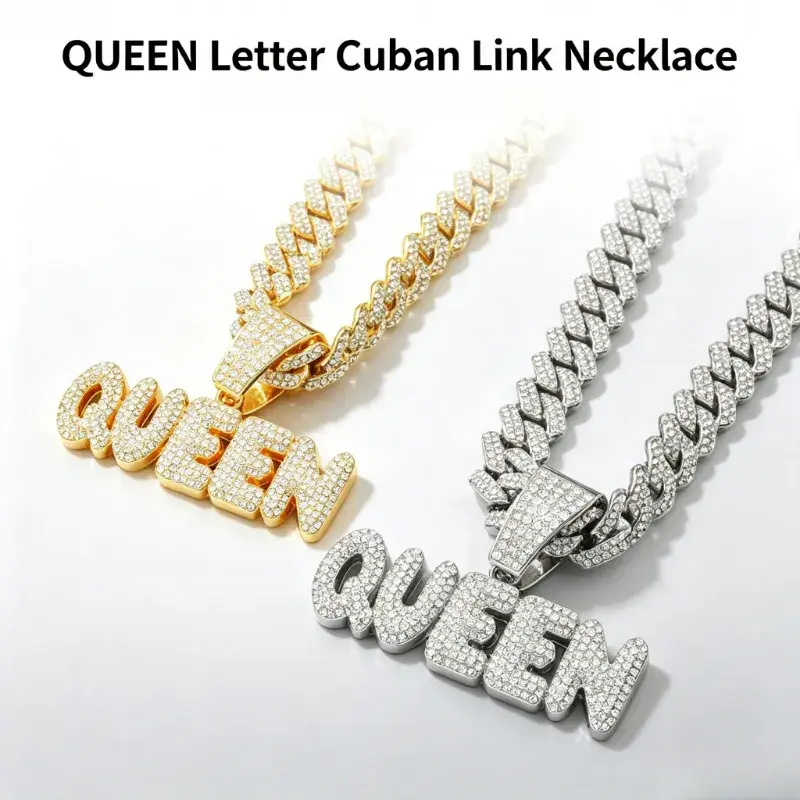 Hip Hop Iced Out QUEEN Letter Pendant Necklace, Full Diamond Encrusted Miami Cuban Link Chain, Gold/Silver Tone Fashion Street Jewelry, Unisex Rap Style Neck Accessory, Great Gift for Hip Hop Lovers & Daily Party Wear