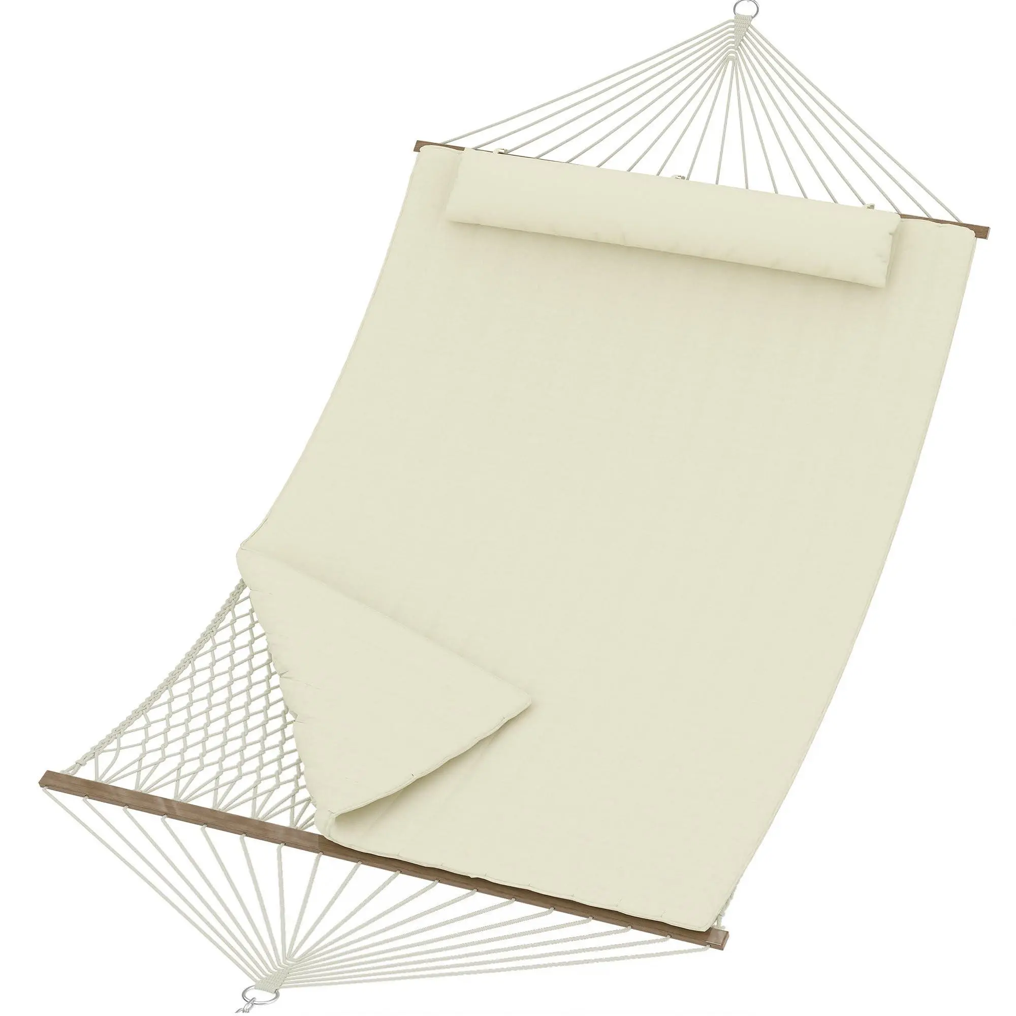 Double Hammock, 12FT Quilted Outdoor Swing Bed for 2 People, Removable Ergonomic Pillow, Heavy Duty 450 Lbs for Patio, Garden, Backyard, Beige
