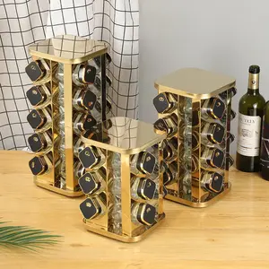 360° Rotating Spice Rack, Stainless Steel Condiment Bottle Set, Kitchen Countertop Space Saver, Home Glass Spice Jars