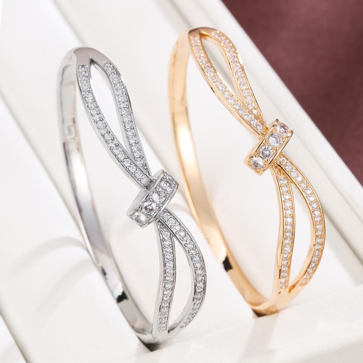 Luxury Intertwined Ribbon Knot Bangle Bracelet for Women, Elegant Polished Sparkle Hinged Cuff Bangle, Premium Statement Bracelet, Trendy 2026 Aesthetic Bridal Formal Jewelry, Timeless Anniversary Birthday Gift for Her