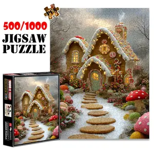 1pc 1000 piece adult puzzle 70x50cm Gingerbread House with Candy Decor and Mushroom Garden 500 pieces of paper jigsaw puzzle, suitable for adults and families, large-scale DIY puzzle interactive toy