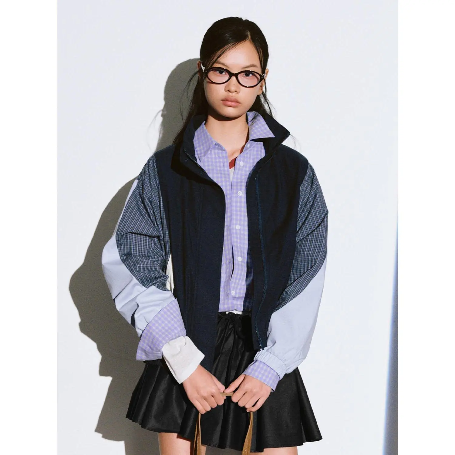 URBAN REVIVO Women's Oversized Loose-Fit Colorblock Cotton-Lyocell Blend Jacket, Sporty Patchwork Medium-Length Urban Sporty Spring Outerwear Coat,sohochic