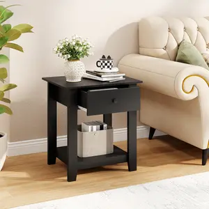 COSTWAY - Nightstand with Drawer 3-Tier Modern Bedside Table with Open Shelf and Storage-Black