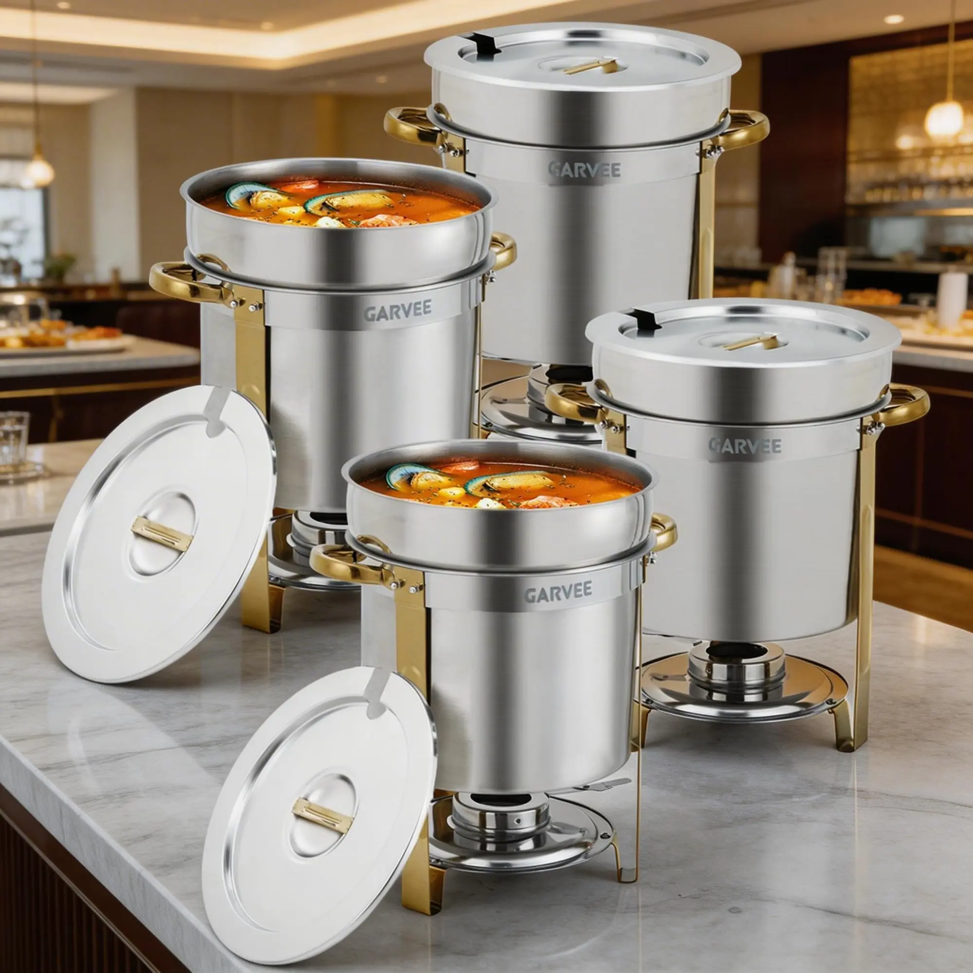 11QT Commercial Soup Warmer, 4 Pack Stainless Steel Round Soup Chafer with Pot, Notched Lids & Fuel Holders, Food Warmer for Buffets Parties Wedding Banquets Catering, Gold
