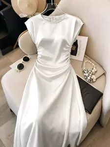 Imitation Silk A-Line Dress, Round Neck Pleated Midi Dress, Spring Summer Silk Dress, Elegant Sleeveless Design, High Waist, Perfect for Beach & Office