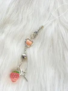 Ins Sweet Pink Strawberry Mobile Phone Chain Metal Acrylic Cellphone Chain For Women & Girl Heart Phone Lanyard Keychain Jewelry
