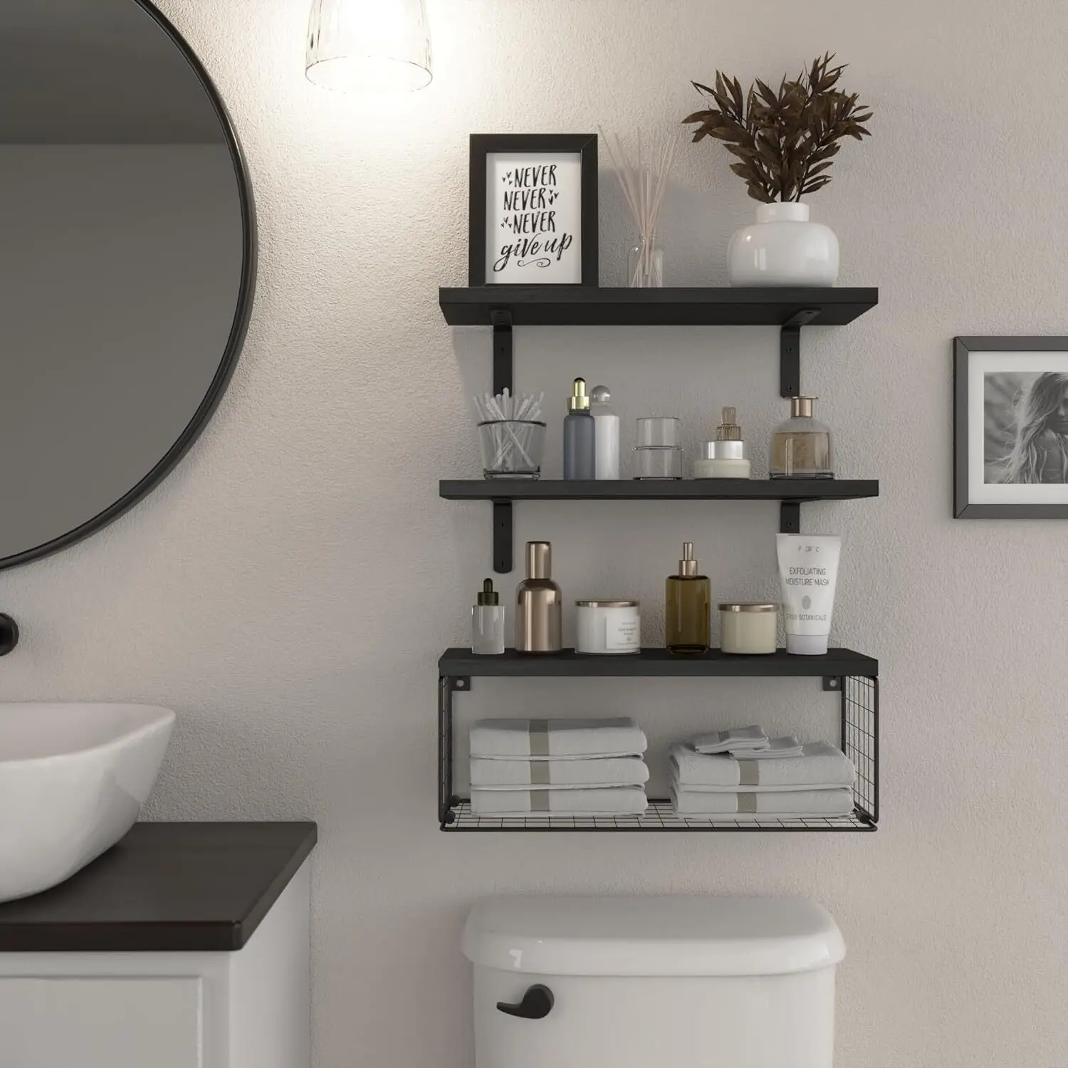 3-Layer Heavy-Duty Rectangular Solid Elm Wood Floating Wall Shelf Unit, Expandable Decorative Wall-Mounted Organizer with Edging & Invisible Brackets, Natural Finish Home Storage Rack for Living Room, Bathroom