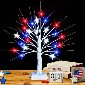 24LED Red White Blue Star Patriotic Tree Light with Timer, 24 Inch Artificial Birch Tree Lamp for 4th of July Independence Day Memorial Day, USB & Battery Powered Table Decor for Home Party Bedroom Yard Wedding Christmas Valentine's Day