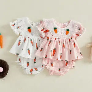 Baby Girl Easter Outfits Infant Cute Doll Collar Carrot Short Sleeve Shirt Top Ruffle Shorts Set Baby Spring Summer Clothes 2Pcs