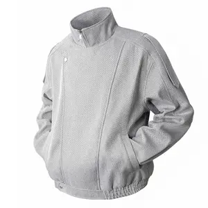 Men's Light Gray Motorcycle Jacket, Stylish Twill Textured Long Sleeve Bomber Coat with Stand Collar, Loose Fit, and Asymmetric Button Decor