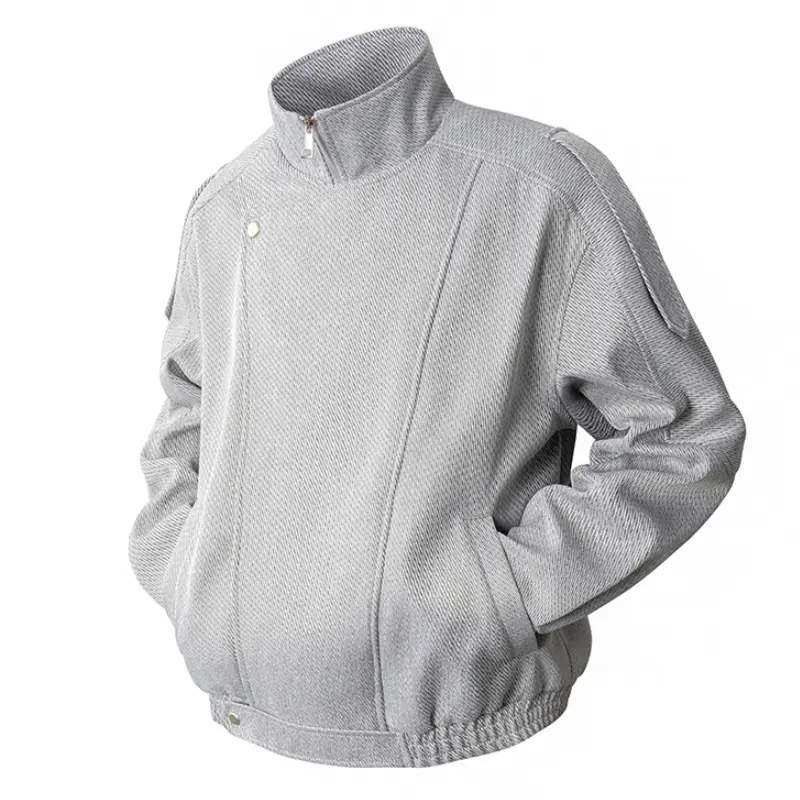 Men's Light Gray Motorcycle Jacket, Stylish Twill Textured Long Sleeve Bomber Coat with Stand Collar, Loose Fit, and Asymmetric Button Decor