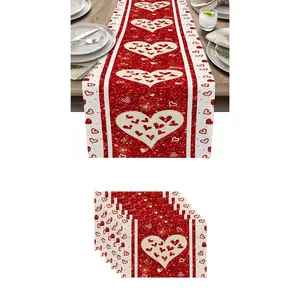 7pcs,Valentine Heart Table Runner Set, Linen Pillow & Placemat, Romantic Anniversary Engagement Decor, Kitchen Dining Fireplace Decoration