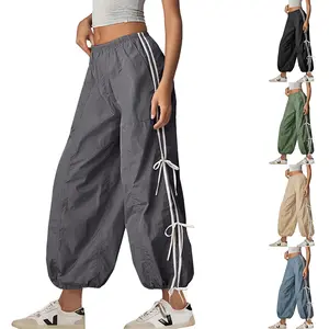 Kingapril Parachute Pants for Women Elastic High Waist Full Twist Hiking Cargo Pants Trousers Casual Fit