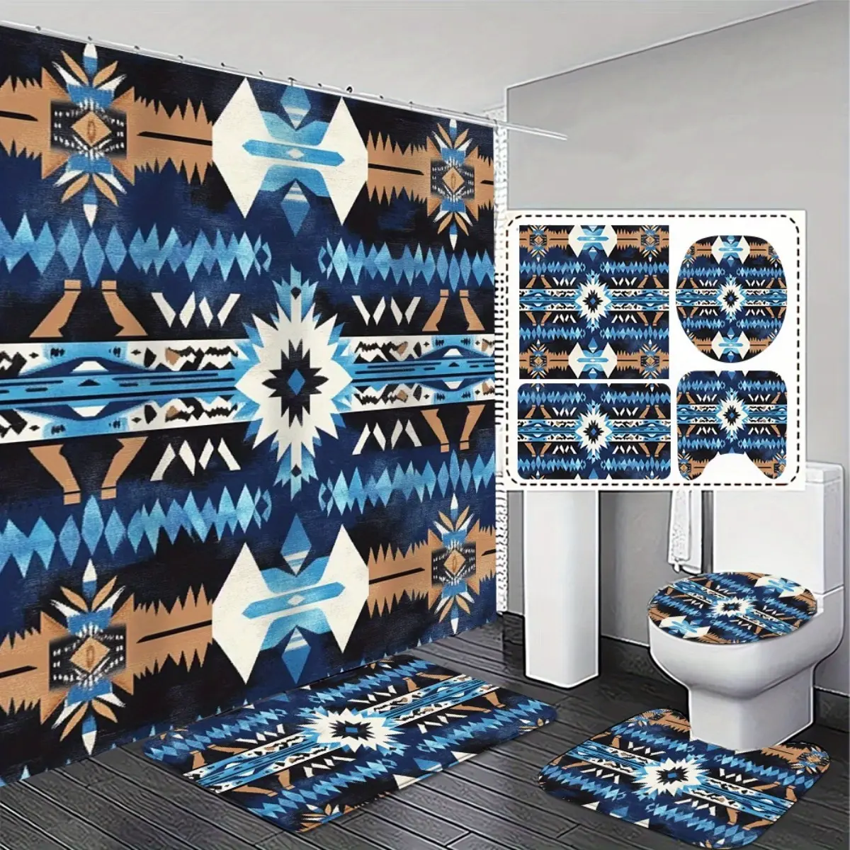 4pcs, Bohemian Style 2D FLAT Shower Curtain Set with Matching Bath Rugs and Toilet Lid Cover - Colorful Mandala Design for Bathroom Decor Paired with 12 C-shaped Hooks. Exquisite and Practical Home Decoration Gift., 2D Flat