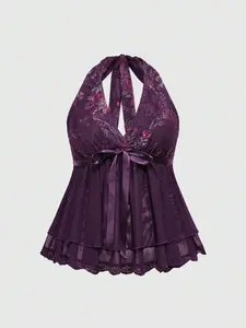 MCKAURA Fairycore Spring/Summer Plus Size Retro Floral Lace Print Pinafore Dress With Ribbon Bow Halterneck Sleeveless Top